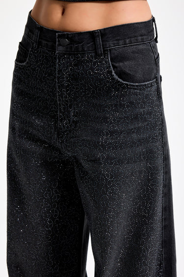 RHINESTONE MID RISE LOOSE JEANS - JET BLACK