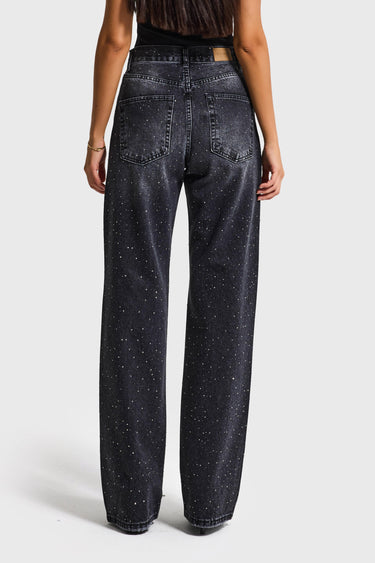RHINESTONE LOOSE MID RISE JEANS - CHARCOAL