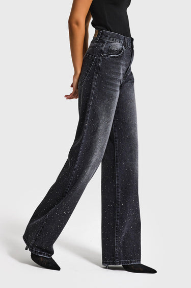 RHINESTONE LOOSE MID RISE JEANS - CHARCOAL