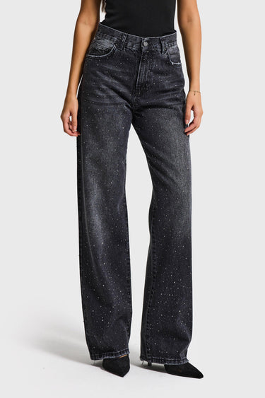 RHINESTONE LOOSE MID RISE JEANS - CHARCOAL