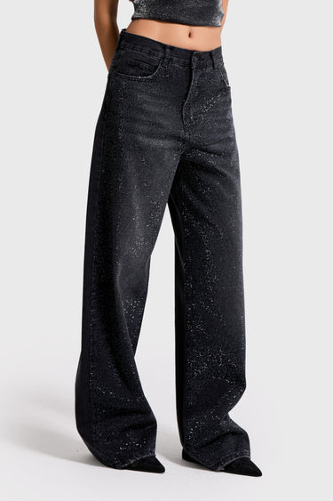 RHINESTONE MID RISE LOOSE JEANS - JET BLACK