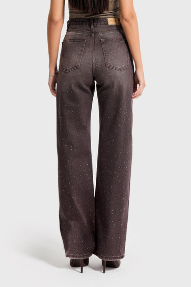 RHINESTONE STRAIGHT HIGH RISE JEANS - ESPRESSO
