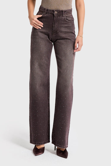 RHINESTONE STRAIGHT HIGH RISE JEANS - ESPRESSO