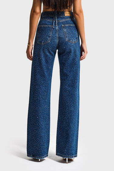 RHINESTONE STRAIGHT HIGH RISE JEANS - COBALT