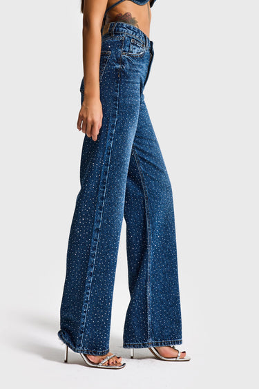 RHINESTONE STRAIGHT HIGH RISE JEANS - COBALT