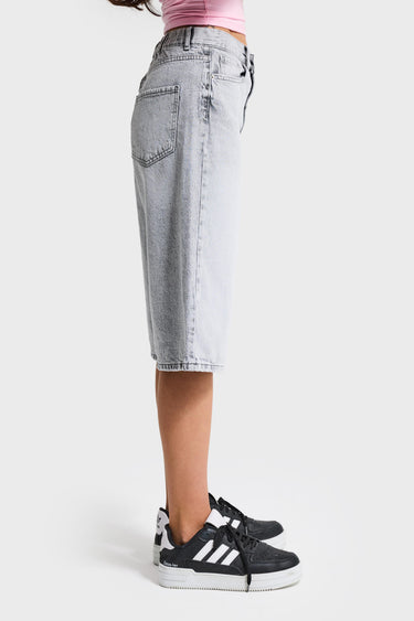 ELASTICATED BERMUDA DENIM SHORT - LIGHT GRAY