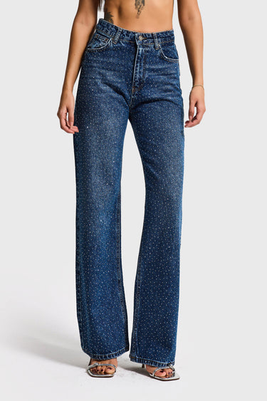 RHINESTONE STRAIGHT HIGH RISE JEANS - COBALT
