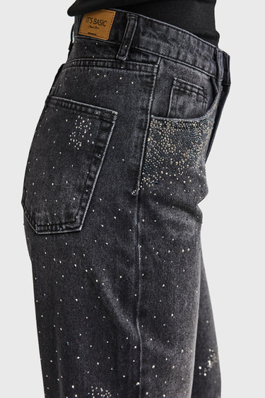 RHINESTONE STRAIGHT MID RISE JEANS
