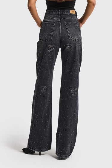 RHINESTONE STRAIGHT MID RISE JEANS