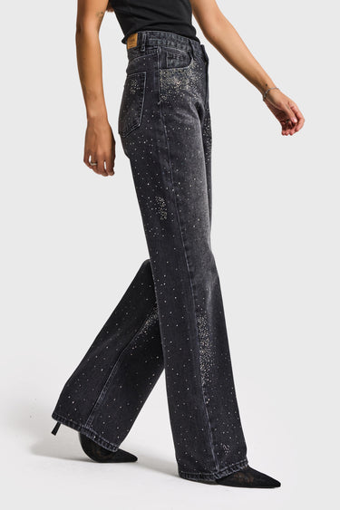 RHINESTONE STRAIGHT MID RISE JEANS