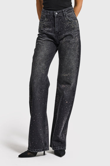 RHINESTONE STRAIGHT MID RISE JEANS