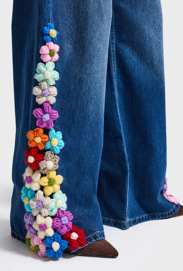 FLORAL PALAZZO MID RISE JEANS