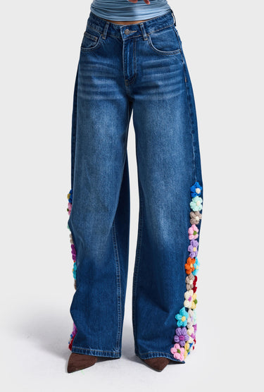FLORAL PALAZZO MID RISE JEANS