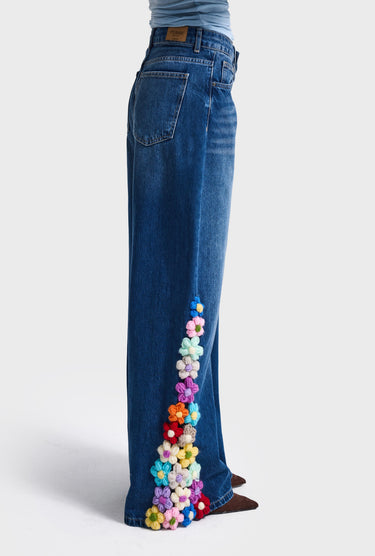 FLORAL PALAZZO MID RISE JEANS