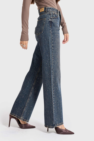 RHINESTONE STRAIGHT HIGH RISE JEANS