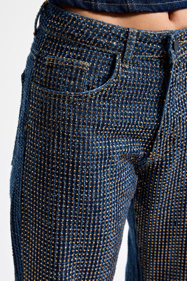 RHINESTONE FLARE MID RISE JEANS