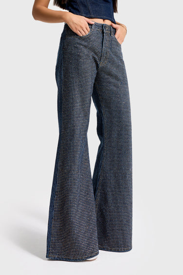RHINESTONE FLARE MID RISE JEANS