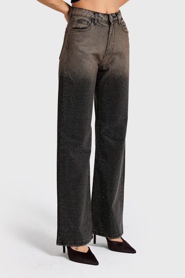 RHINESTONE STRAIGHT HIGH RISE JEANS - CHESTNUT